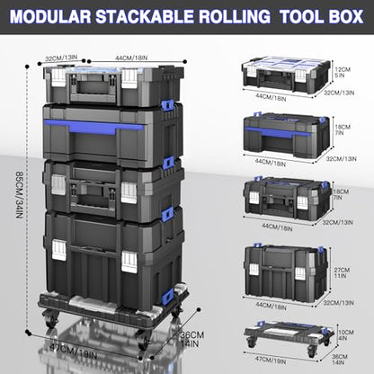 4 Tier Stackable Rolling Tool Box with Wheels | Modular Tool Organizer Box Storage System | Portable Tool Box with Drawers | Tough and Durable | For Garage Storage | Home Repairs | Professional Work