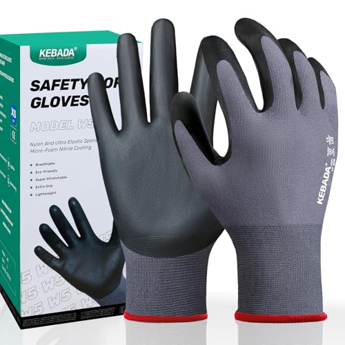 Kebada W5-12 Pairs Safety Work Gloves Foam Nitrile Coated, Seamless Knit Nylon Glove with Grip, Ideal for Mechanic, Warehouse, Construction & Gardening, X-Small - color: W5 Grey (12 Pairs), size: X-Small