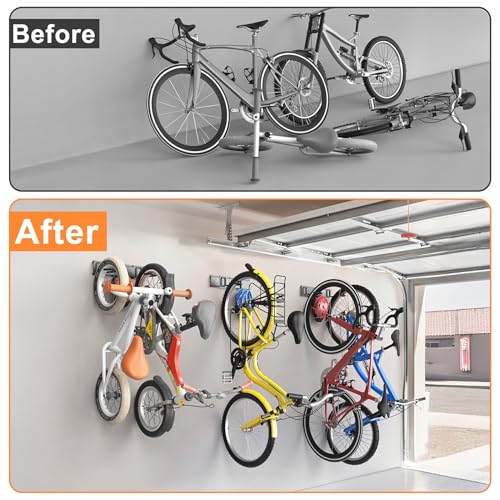 TORACK Wall Mounted Bike Storage Rack, Vertical Bikes Storage for Garage 5 Bikes Hangers for Wall, Modular Bicycle Storage Rack(3 Rails, 5 Bike Hooks, 3 Helmet Hooks)