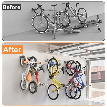 TORACK Wall Mounted Bike Storage Rack, Vertical Bikes Storage for Garage 5 Bikes Hangers for Wall, Modular Bicycle Storage Rack(3 Rails, 5 Bike Hooks, 3 Helmet Hooks)