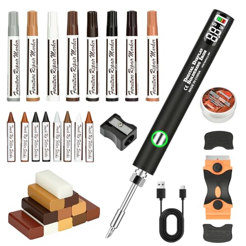 Wood Furniture Repair Kit - Includes Wax Melting Tool with Display, Hard Wax Filler, Marker Pen - Furniture and Countertop Repair Set, Hole for Floor, Table, Door, Cabinet