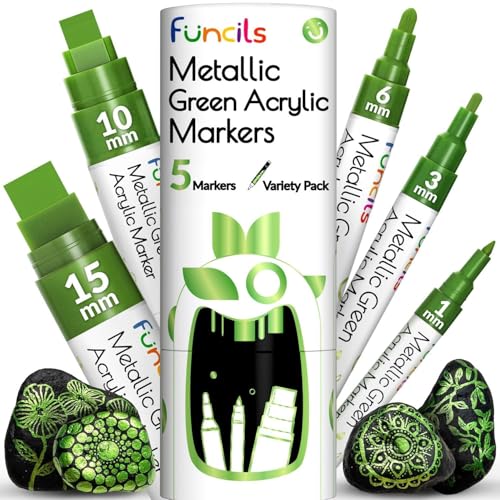 5 Metallic Acrylic Green Paint Pen - Extra Fine Tip, Thin & Jumbo (1mm, 3mm, 6mm, 10mm, 15mm) - Green Markers for Fabric, Metal, Plastic, Canvas, Wood, Rock Painting, Glass, Permanent Marker - color: Metallic Green