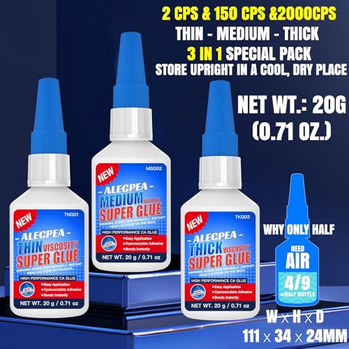 2/150/2000 CPS (Thin/Medium/Thick) CA Glue, Cyanoacrylate Super Glue Wood, Glass, Metal, Paper, Leather, Plastic, Ceramic, Rubber, Jewelry, Woodworking, Hobby Models, and Craft Project 60g(2oz) - size: Clear/2CPS+150CPS+2000CPS