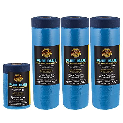 Dura-Gold Pure Blue Pre-Taped Masking Film, (4 Pack of 22, 43", 71", 106") Painters Plastic Roll, Pull Down Drop Sheet, Pre-Taped Plastic Sheeting for Painting Protection on Auto, Walls, Furniture - size: Assorted-inches