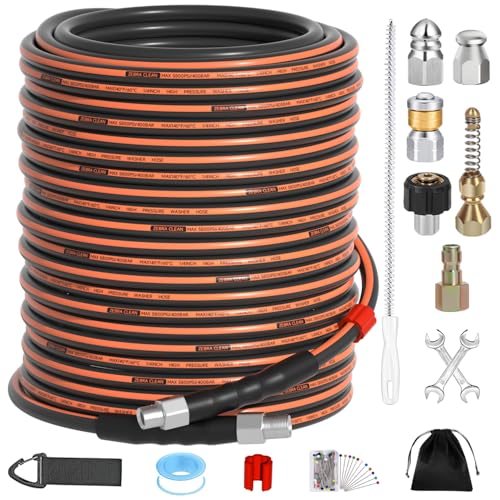 200FT Sewer Jetter Kit for Pressure Washer, 1/4" NPT Corner Drain Cleaner Hose 5800 PSI with Sewer Jetting Nozzles, Pearl Corsage Pin, Waterproof Tape, Extension Cord Organizer&2 Spanner - size: 200FT
