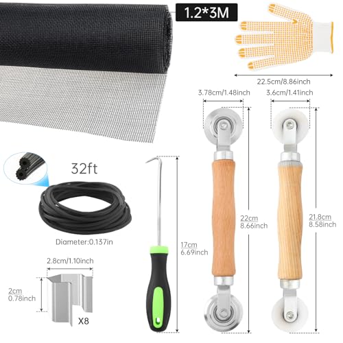 Window Screen Door Repair Kit,Include 47"×118" Black Screen Mesh+ 2 Steel/Nylon Roller+32Ft Spline+8 Clips+Hook+Non-Slip Gloves,7 in 1 Window Mesh Kit for Windows Doors Patio and Porch Replacement - size: 47"×118" Mesh+Tool