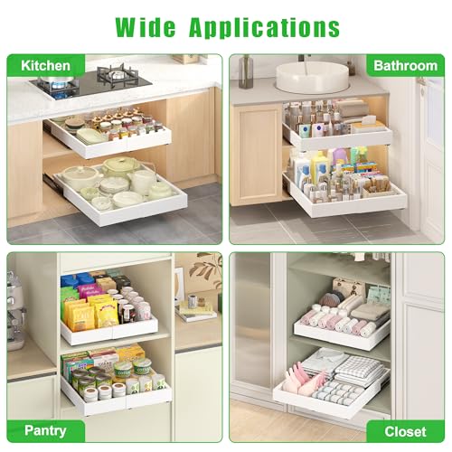 1 Pcs Pull Out Drawers for Cabinets Organizer Expandable Width(11.8"-19.4"), Depth(16.45"-21.7") With 3 Rails, No Drill Roll Out Drawer, Adhesive Sliding Drawers - color: White