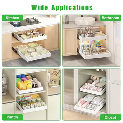 1 Pcs Pull Out Drawers for Cabinets Organizer Expandable Width(11.8"-19.4"), Depth(16.45"-21.7") With 3 Rails, No Drill Roll Out Drawer, Adhesive Sliding Drawers - color: White