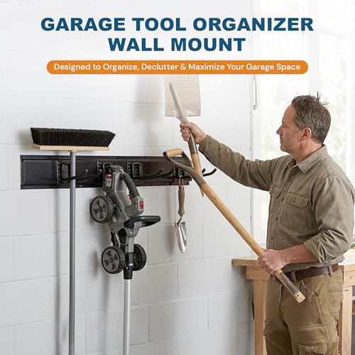 Garage Tool Organizer Wall Mount 80 Inch, Heavy Duty Tool Rack with 5 Racks & 10 Adjustable Hooks, Wall Mounted Garden Tool Storage for Garage, Shed, Holds Shovels, Brooms & Power Tools - size: 10 Hooks