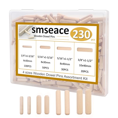 smseace 230Pcs Wooden Dowel Pins 1/4inch 5/16inch 3/8inch, Fluted Wood Dowels Rods for Crafts, Furniture, DIY Manual - size: 230Pcs Straight Wood Pin - 4 Sizes
