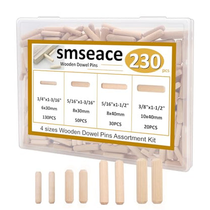 smseace 230Pcs Wooden Dowel Pins 1/4inch 5/16inch 3/8inch, Fluted Wood Dowels Rods for Crafts, Furniture, DIY Manual - size: 230Pcs Straight Wood Pin - 4 Sizes