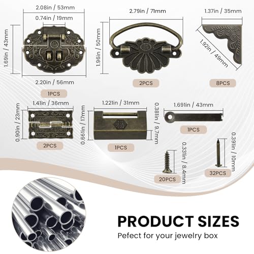 Retro Hardware Kit Includes Hasp Latch Padlock Hinges Corner Protectors and Pull Handle, Antique Decorative Kit with Screws for Jewelry Box Cabinet Wooden Box Handcrafts Project Bronze