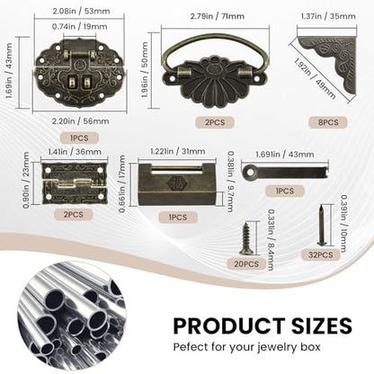 Retro Hardware Kit Includes Hasp Latch Padlock Hinges Corner Protectors and Pull Handle, Antique Decorative Kit with Screws for Jewelry Box Cabinet Wooden Box Handcrafts Project Bronze