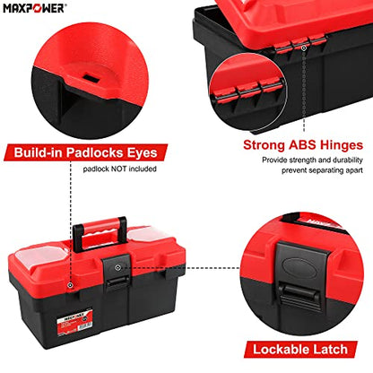 MAXPOWER Small Tool Box, 14-inch Plastic Tool Boxes with Handle, Removable Tray with Dual Lock Secured, Red Toolbox for Home - style: 14" red