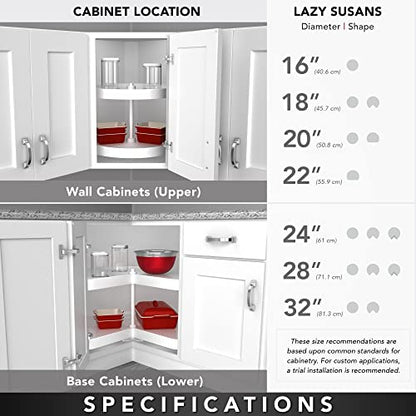 Rev-A-Shelf 2 Tier Kidney Cut Lazy Susan for Corner Base Cabinets, Plastic, 24" Double Shelf Swivel Kitchen Spice/Can Organizer, White, 3472-24-11-52 - size: 24 inch