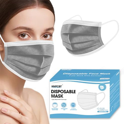NNPCBT Grey Disposable Face Masks 125 Pack,3-Ply Breathable Mask For Adults,Great For Outdoors,Home, Office, School - color: Adult-125 Pack-grey