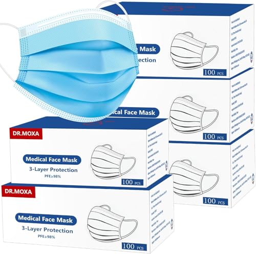 DR.MOXA 500 Pack Disposable Medical Face Masks (5 Boxes, 100pcs/Box) -3 Ply Face Mask for Adults Blue - style: 500 Pcs