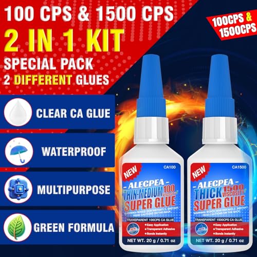 40g(1.4oz) 100/1500 CPS (Thin/Thick) CA Glue, Cyanoacrylate Super Glue for Wood, Glass, Metal, Paper, Leather, Plastic, Ceramic, Rubber, Jewelry, Woodworking, Hobby Models, and Craft Project - size: Clear/100CPS+1500CPS