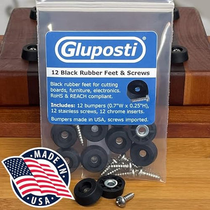 Gluposti 12 Rubber Feet for Cutting Board, Soft Non-Slip Cutting Board Feet with Stainless Screws for Electronics & Furniture, 0.67" W x 0.25" H, Made in USA
