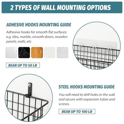 4 Set [EXTRA LARGE] Hanging Wall Mount Storage Baskets with Adhesive Hooks & Steel Hooks, Multiuse Sturdy Wire Metal Organizing Baskets for Home Kitchen Bathroom Pantry Utility Organizer, Black - size: Extra Large