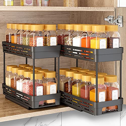 2 Pack Pull Out Spice Rack Organizer for Cabinet, Slide Out Spice Racks Organizer, Spice Cabinet Organizers, Cabinet Size Need:12'' Highx11'' Deepx5'' Wide,Hold 10 Spice Jar Each Tier-2Tier, Black - color: Black, size: 2 Pack