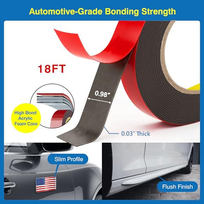 Tapsi Double Sided Tape Heavy Duty – Waterproof Foam Mounting Tape 0.98" x 18 FT with 10 Adhesion Promoters – Strong Adhesive for LED Strip Lights, Car Trim, Walls, Home, Office & Outdoor Decor