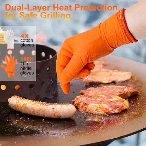 ANBOSON BBQ Gloves for Grilling Disposable Heat Resistant - 100 Nitrile Gloves + 4 Reusable Cotton Liners for Cooking Smoker -Orange Large - size: Large, style: 10mil Nitrile - Orange