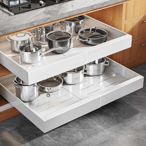 Seinloes 2 Pack Expandable (15.1"-26.3") Pull Out Cabinet Organizer 21" Deep With Raising Pad for Framed Cabinets,Upgrade 3 Slide Rails Slide Out Drawers,No Drill Roll Out Shelves Adhesive,White - color: White, size: 21"d X 15.1"-26.3"w(2pack)