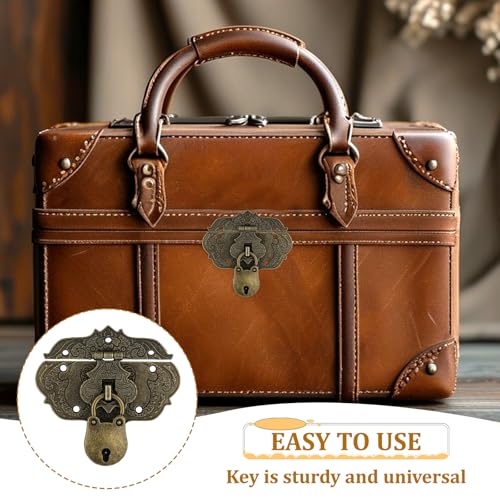 Antique Engraved Decorative Hasp Latch Lock and Mini Bear Padlock Kit Jewelry Box Hinges and Latches with Key and Mounting Screws Bronze Embossing Latch Hinges for Craft Wooden Furniture Projects