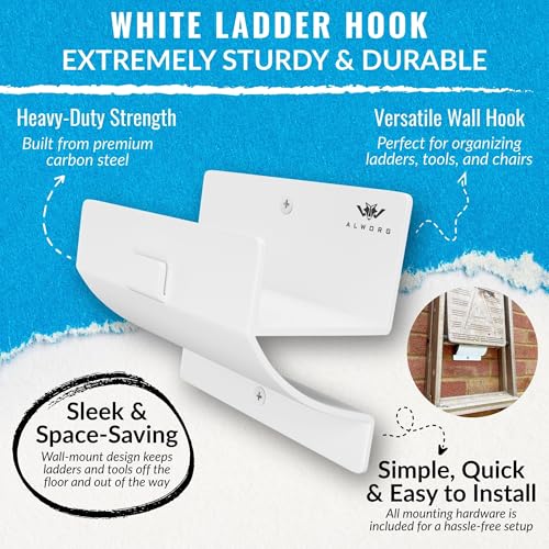 White Ladder Hooks for Garage Wall - Step Ladder Holder Wall Mount - Step Stool Garage Wall Hanger - color: White, size: Single Hook