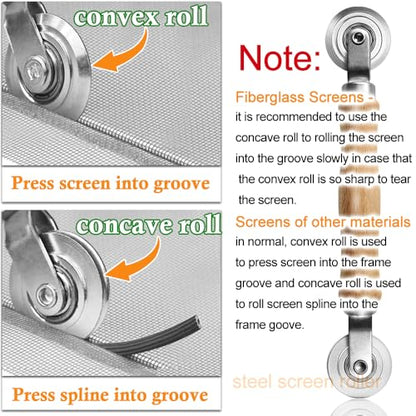 Screen Repair kit, Screen Roller Tool, Steel/Nylon Roller with Bear+10pcs Screen Clips+32ft Screen Spline+Removal Hook, 5 in 1 Window Screen Door Repair Kit,for Installing Door Window Mesh - size: Steel/Nylon Rollers+Spline+Clips+Pick