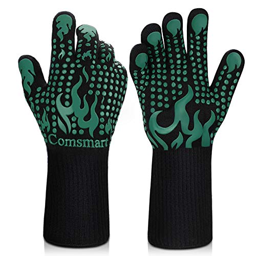 Comsmart BBQ Gloves, 1472 Degree F Heat Resistant Grilling Gloves Silicone Non-Slip Oven Gloves Long Kitchen Gloves for Barbecue, Cooking, Baking, Cutting - color: Green, size: long