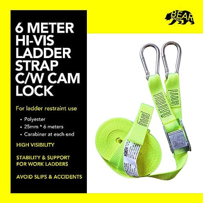 BearTOOLS 6 Meter Hi-Vis Ladder Strap C/W Cam Lock - Ladder Straps for Safety - Cam Lock Connector, Stabiliser for Work Ladders - Avoid Slips & Accidents When Working At Height - size: One size