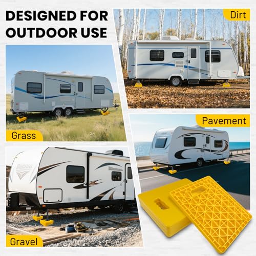 ROBLOCK Large RV Jack Stabilizer Pads,Sinking Resistant Stackable Camper Stabilizer Pads with Easy-Grip Handle and Handy Strap, Easy Storage & Organization, Yellow 4 Pack 14" x 12" - size: Yellow 14"x12"