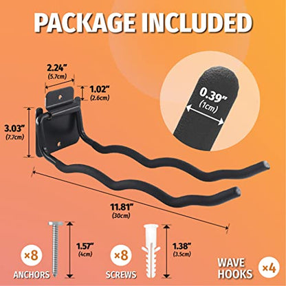HUHOLE 4 Pack Garage Hooks Heavy Duty – 12 Inch Long Wave Wall Mount Hangers for Ladders, Shovels, Chairs & Garden Tools – Steel Utility Organizer for Garage Storage System (60lb Capacity, Black)