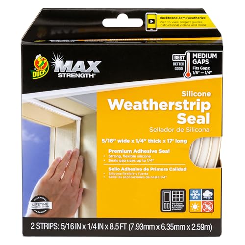 Duck Brand Max Strength Silicone Weatherstrip Seal for Doors and Windows, Self-Adhesive, Fits Medium Gaps from 1/8-1/4 Inches, .31 in. x .25 in. x 17 ft., White - size: (Pack of 1)