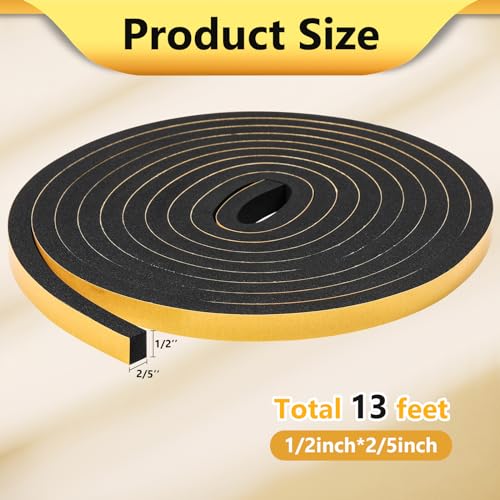 13Feet Weather Stripping (1/2 Inch X 2/5 Inch) Door Seal Strip, Strong Adhesive, Lightproof, Soundproof, Weatherproof Foam Tape Insulation for Sliding Door, Front Door Frame, Windows- Black - size: 1/2 Inch X 2/5 Inch X 13Feet