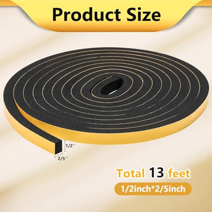 13Feet Weather Stripping (1/2 Inch X 2/5 Inch) Door Seal Strip, Strong Adhesive, Lightproof, Soundproof, Weatherproof Foam Tape Insulation for Sliding Door, Front Door Frame, Windows- Black - size: 1/2 Inch X 2/5 Inch X 13Feet