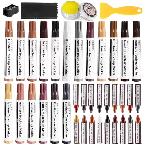 SEISSO Furniture Repair Kit, 18 Colors Touch Up Markers and Wood Filler Sticks with Wood Polish Wax - Furniture Touch Up Kit Cover Up Scratches, Stains, Holes for Wooden Table, Cabinet, Floors, Door - size: 18+18