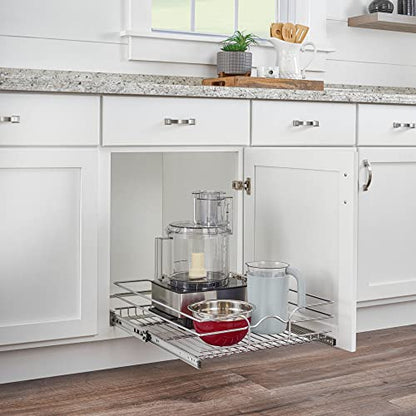 Rev-A-Shelf Kitchen Cabinet Wire Pullout Shelf and Drawer Organizer Pantry Storage with Basket and Mounting Hardware, 15 x 22 In, 5WB1-1522CR-1 - size: 15" W X 22"d, style: Single Tier