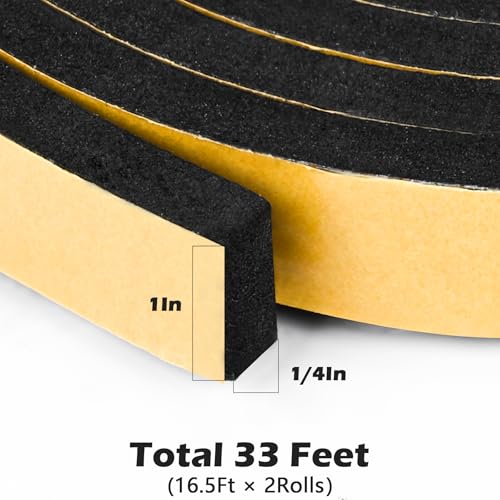 ToLanbbt Black Door Window Weather Stripping Self Adhesive Foam Tape High Density Foam Sealing Strip Window Insulation Weatherproof Gasket Tape 1" Wide X 1/4" Thick, 16.5 Ft X 2 Rolls, Total 33 Feet - color: Black, size: 1 In x 1/4 In x 33Ft