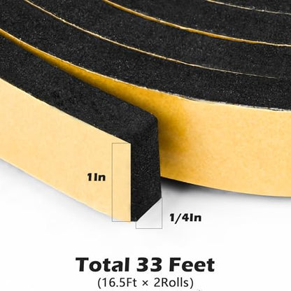 ToLanbbt Black Door Window Weather Stripping Self Adhesive Foam Tape High Density Foam Sealing Strip Window Insulation Weatherproof Gasket Tape 1" Wide X 1/4" Thick, 16.5 Ft X 2 Rolls, Total 33 Feet - color: Black, size: 1 In x 1/4 In x 33Ft