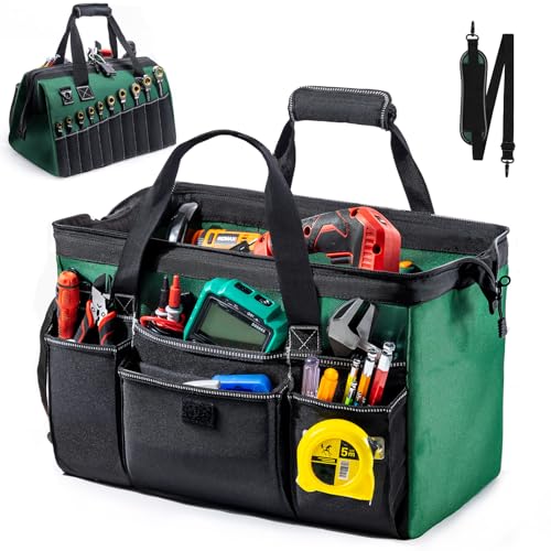 Large Heavy Duty Tool Bag for Men – 17" Toolbox Organizer with 22 Pockets & Wrench Holder – Wide Mouth Tool Tote with Anti-Slip Base – Gift for Handyman, Mechanic, Father's Day - color: Green, size: Large - 17”