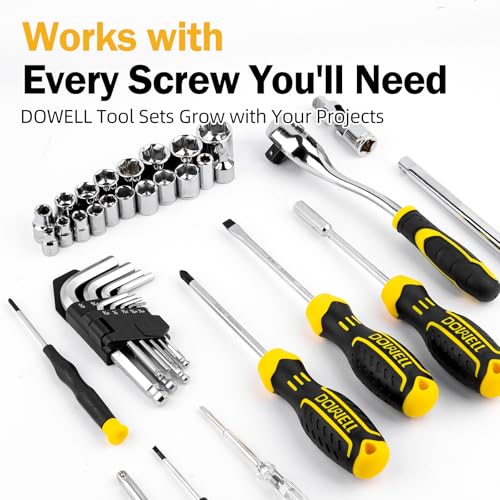 DOWELL 219-Piece Home Tool Set with 3.6V Electric Screwdriver, General Household Tool Kit in Drawer Toolbox for DIY, Furniture Assembly & Repair (Screwdriver, Hex Keys, Wrench, Hammer Included)
