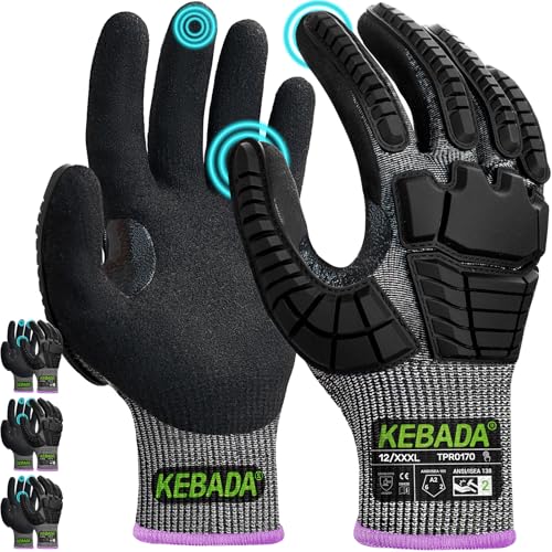 Kebada Impact Protection Gloves, ANSI A2 Cut Resistant Work Gloves with Grip, Touchscreen, Sandy Nitrile Coated - color: Black (3 Pair), size: Large