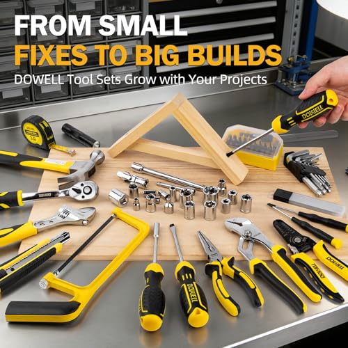 DOWELL 219-Piece Home Tool Set with 3.6V Electric Screwdriver, General Household Tool Kit in Drawer Toolbox for DIY, Furniture Assembly & Repair (Screwdriver, Hex Keys, Wrench, Hammer Included)