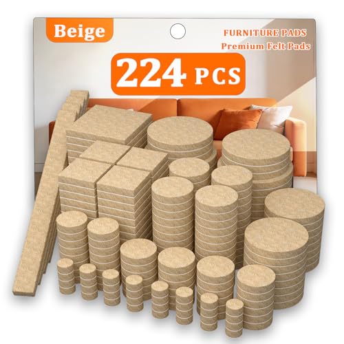 Felt Furniture Pads 224 PCS, 10 Sizes, Felt Pads for Chair Legs, Suitable for Round and Square Chair Legs, to Prevent Scratches, Reduce Noise and Protect the Floor (Beige) - size: 224PCS-Beige