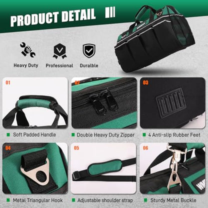 Heavy Duty Tool Bag 18-Inch,24-Pockets Portable Tool Bag Organizer, 1680D Oxford with Reinforced Base & Deep Pockets for Electricians, HVAC and Construction, Ideal Holiday Gifts for Men