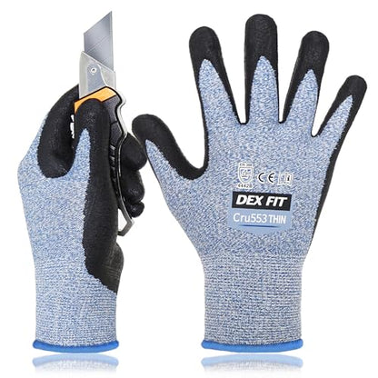 DEX FIT Level 5 Extreme Cut Resistant Gloves Cru553 Thin, Non-Slip Power Grip, Professional Grade 3D Comfort Fit, Thin & Lightweight, Breathable, Touchscreen Compatible, Itch-Free; Blue L (9) - color: Blue, size: Large(1 Pair)