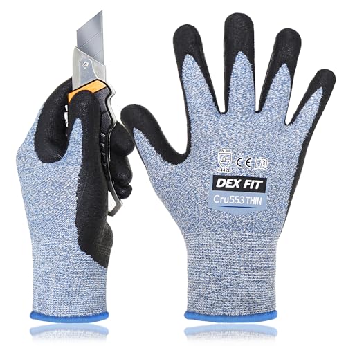 DEX FIT Level 5 Extreme Cut Resistant Gloves Cru553 Thin, Non-Slip Power Grip, Professional Grade 3D Comfort Fit, Thin & Lightweight, Breathable, Touchscreen Compatible, Itch-Free; Blue L (9) - color: Blue, size: Large(1 Pair)